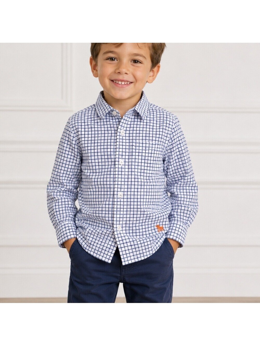 Mini Boden Boys White Blue Check Button Up Shirt 5-6 Years Preppy Coastal Beach